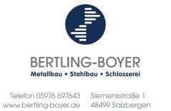 Bertling-Boyer Metallbau  Siemensstr. 1 48499 Salzbergen.    Telefon 05976/697643    Telefax 05976/697645      E-Mail:  info@bertling-boyer.de Logo